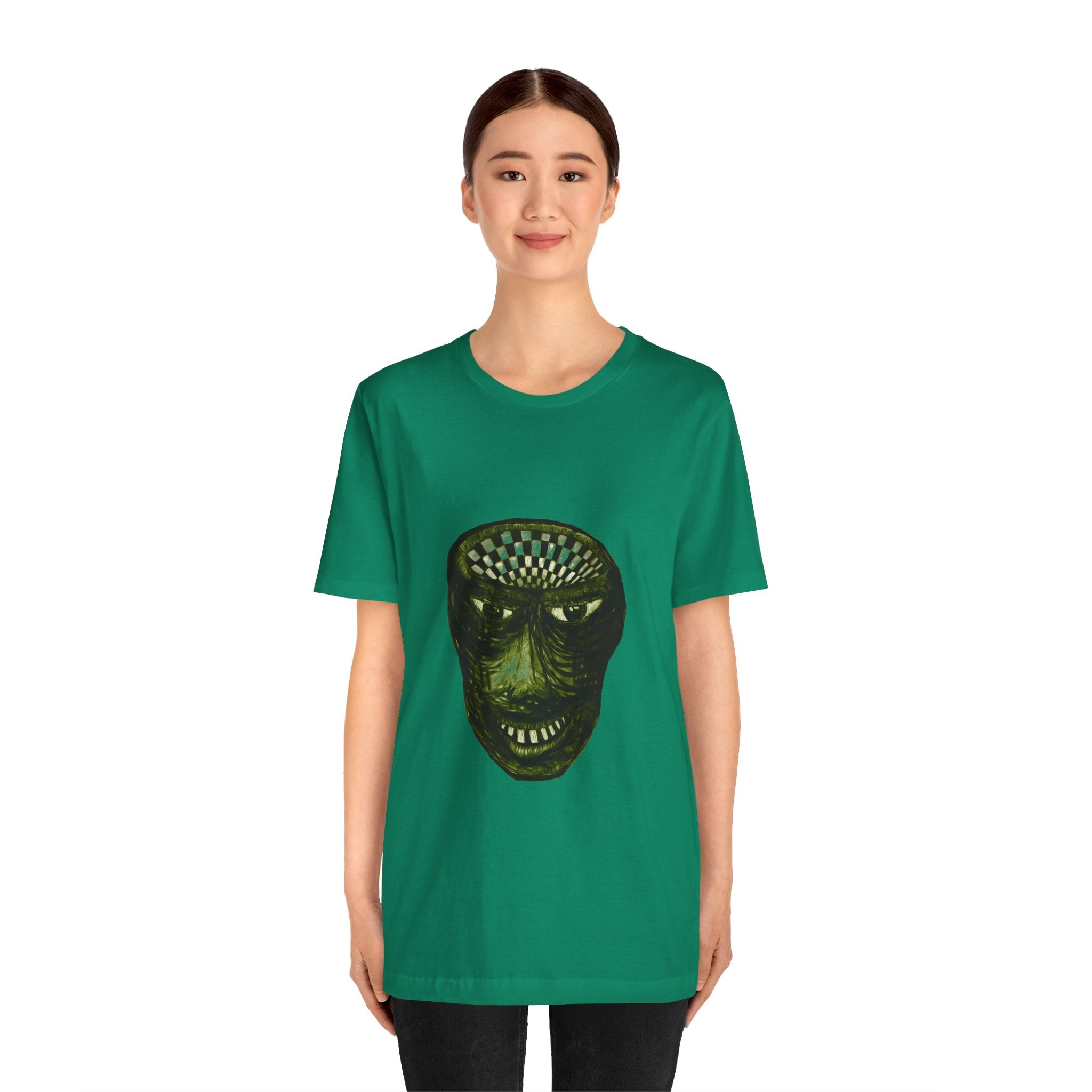 Creepy Green Distorted Face Tee — Surreal Horror Graphic T-Shirt