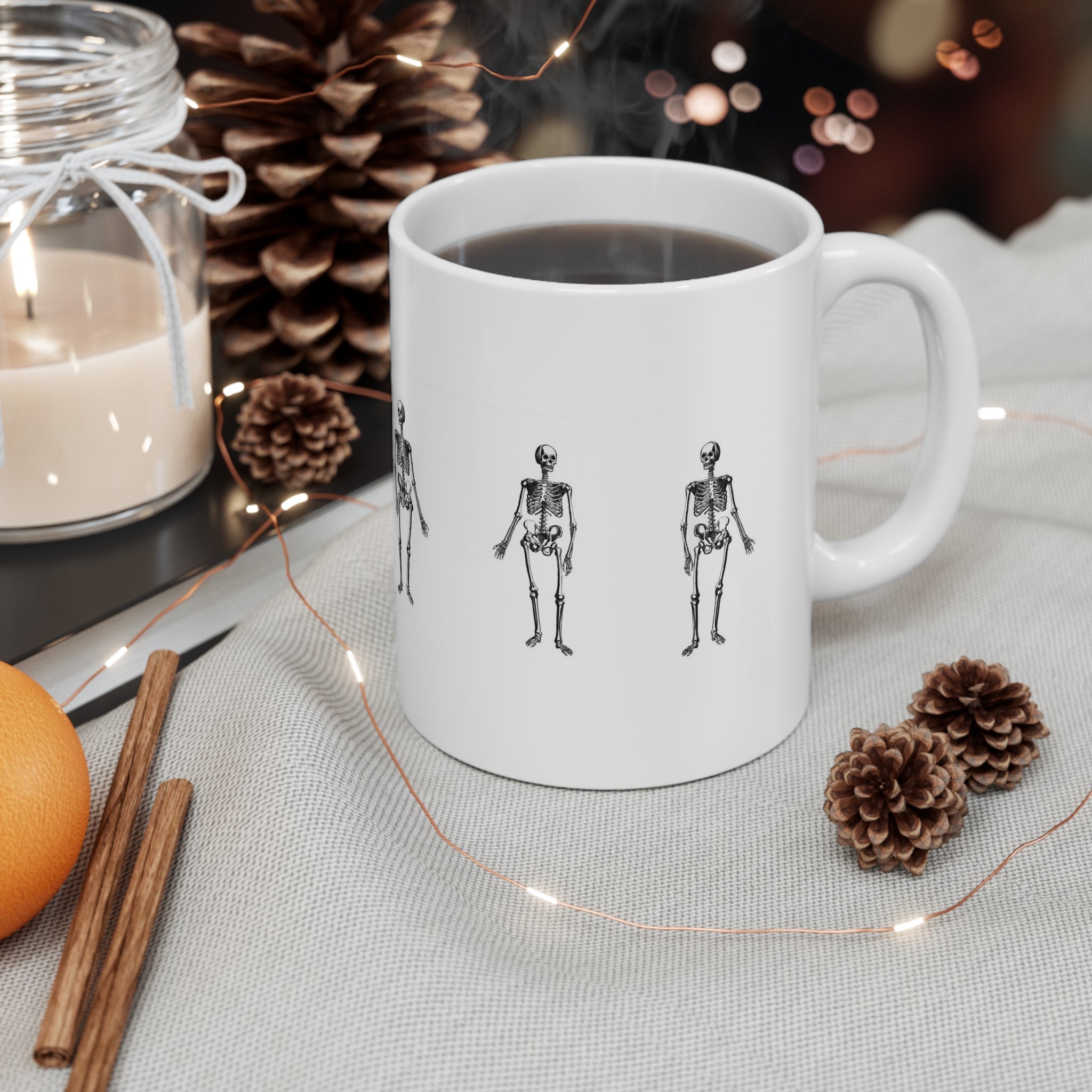 Minimal Skeleton Pattern Mug — Repeating Vintage Skeleton Coffee Cup (11oz)