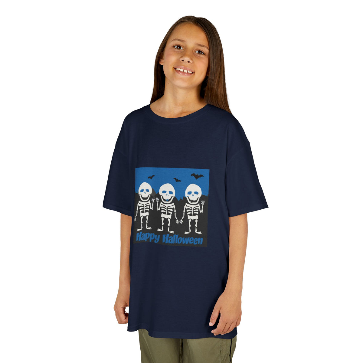 Happy Halloween Cute Skeletons Kids Tee | Fluttering Bats, Blue Night