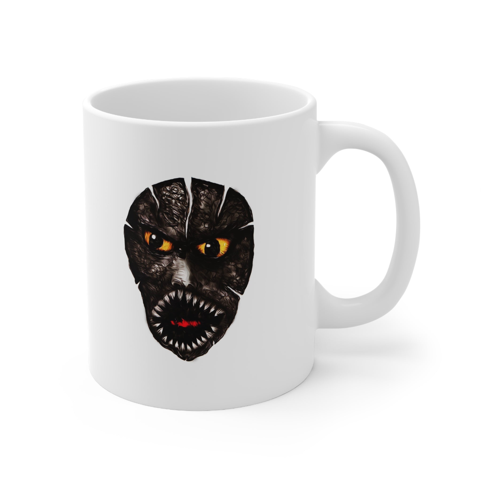 Cracked Horror Mask Ceramic Mug — Creepy Face Coffee Cup, Halloween Gift (11oz)