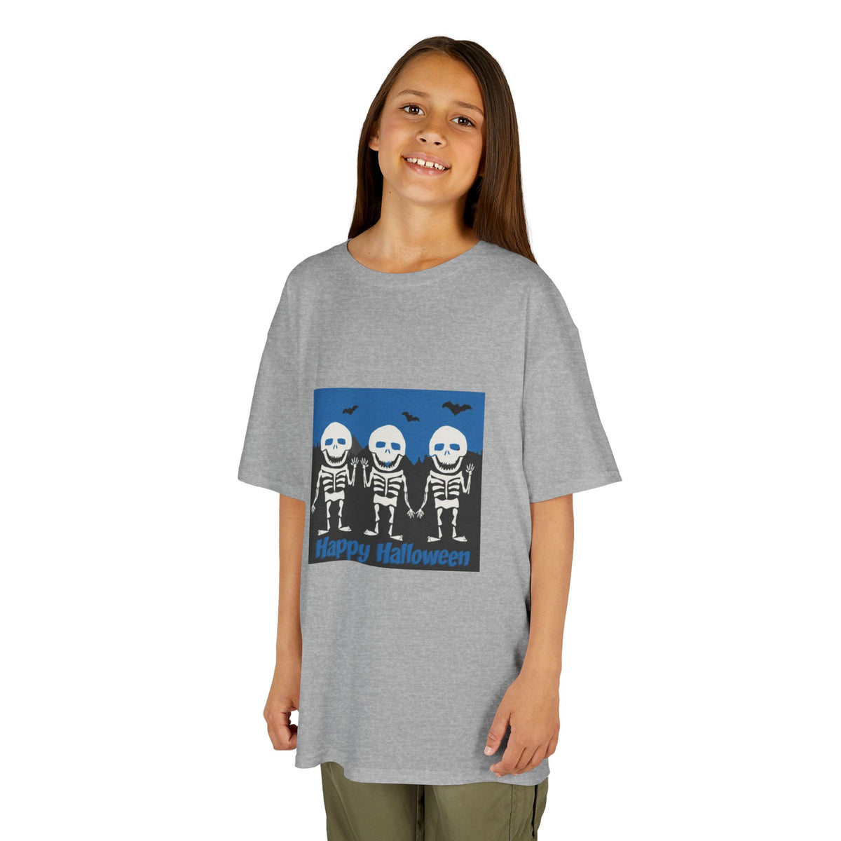 Happy Halloween Cute Skeletons Kids Tee | Fluttering Bats, Blue Night