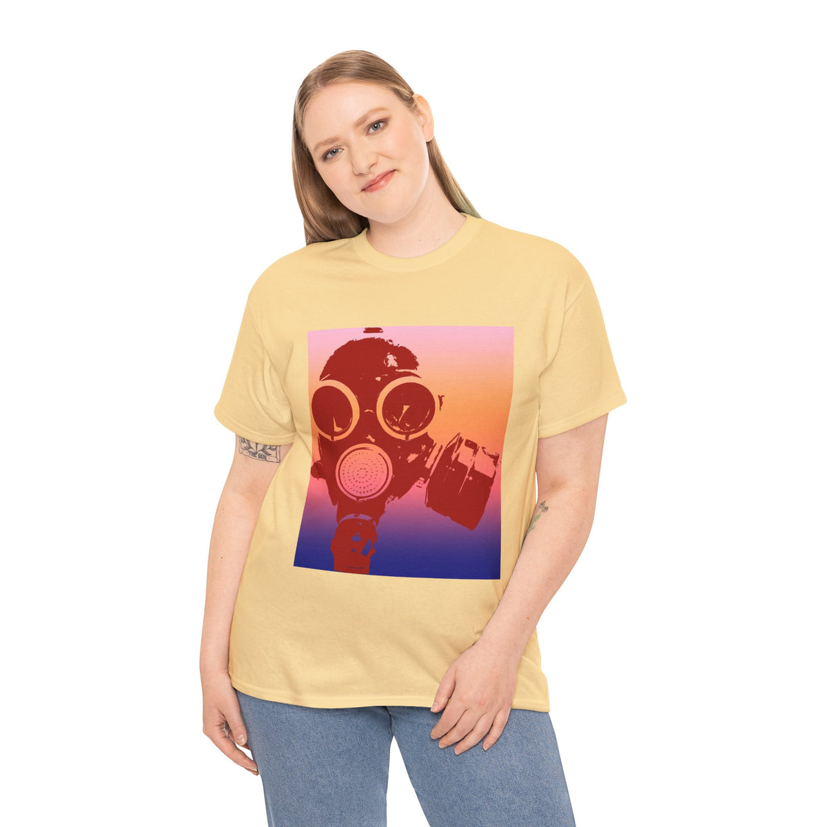 Gas Mask Sunset Tee — Retro Gradient Respirator Graphic T-Shirt