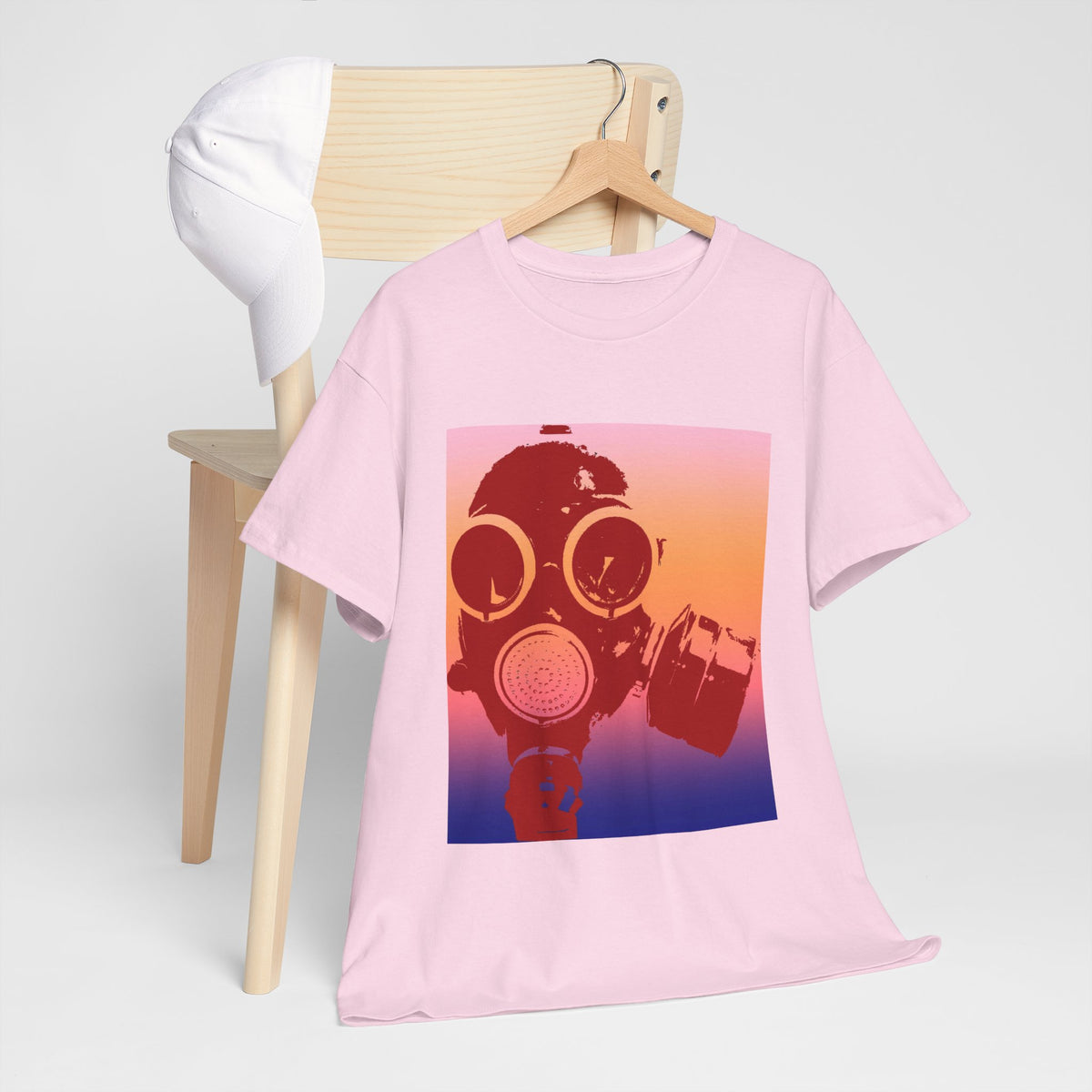 Gas Mask Sunset Tee — Retro Gradient Respirator Graphic T-Shirt