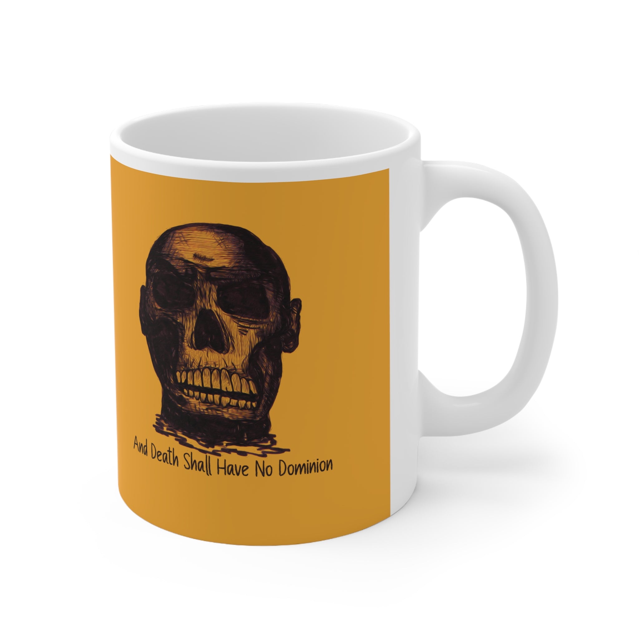 Skull Design by PhatBob. And Death Shall Have No Dominion Ceramic Mug — Vintage Skull Portrait on Mustard Background