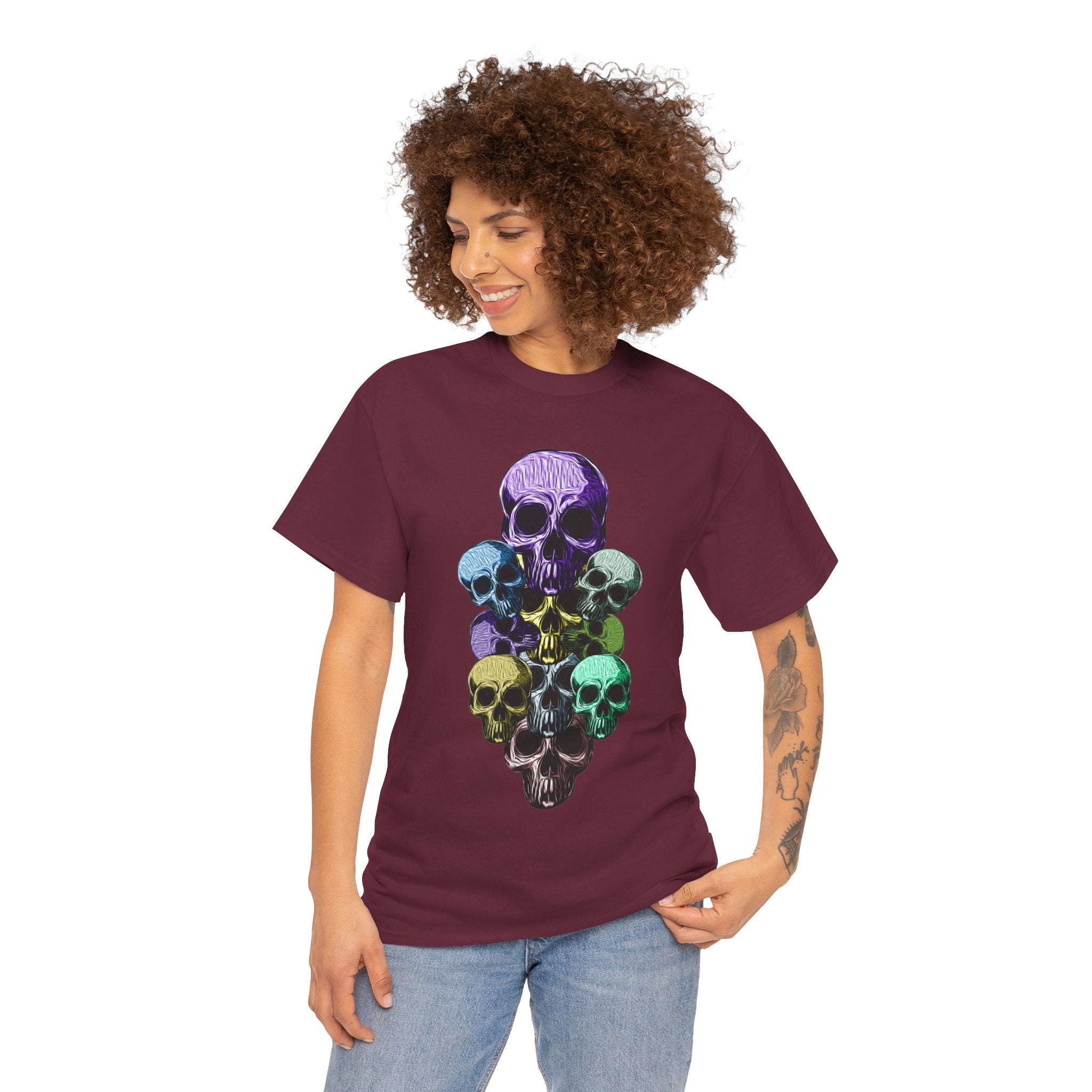 Rainbow Skull Stack T-Shirt | Multicolour Skull Art, Gothic Tee