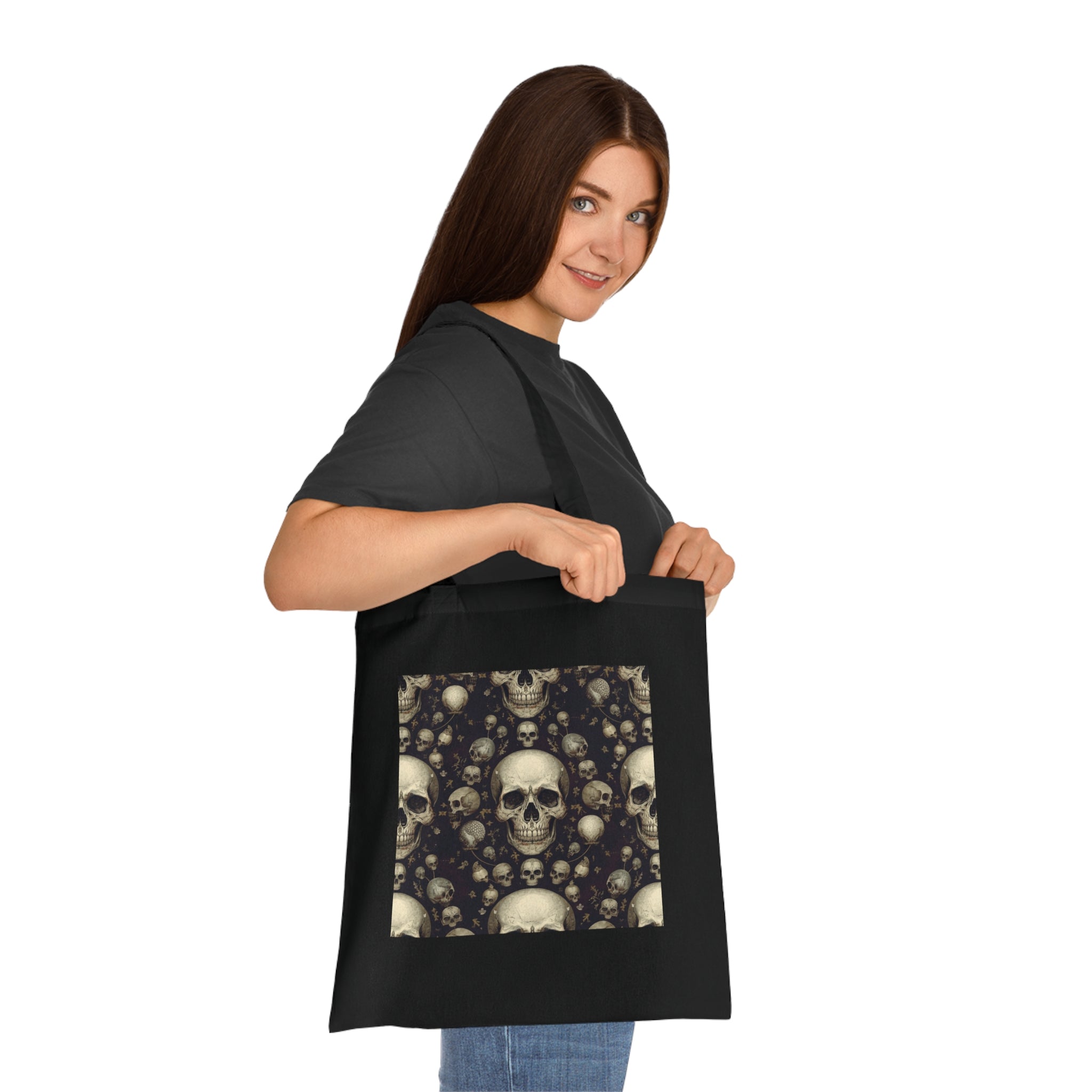 Skull Pattern Cotton Tote — Gothic Skull Print Reusable Shopper Bag