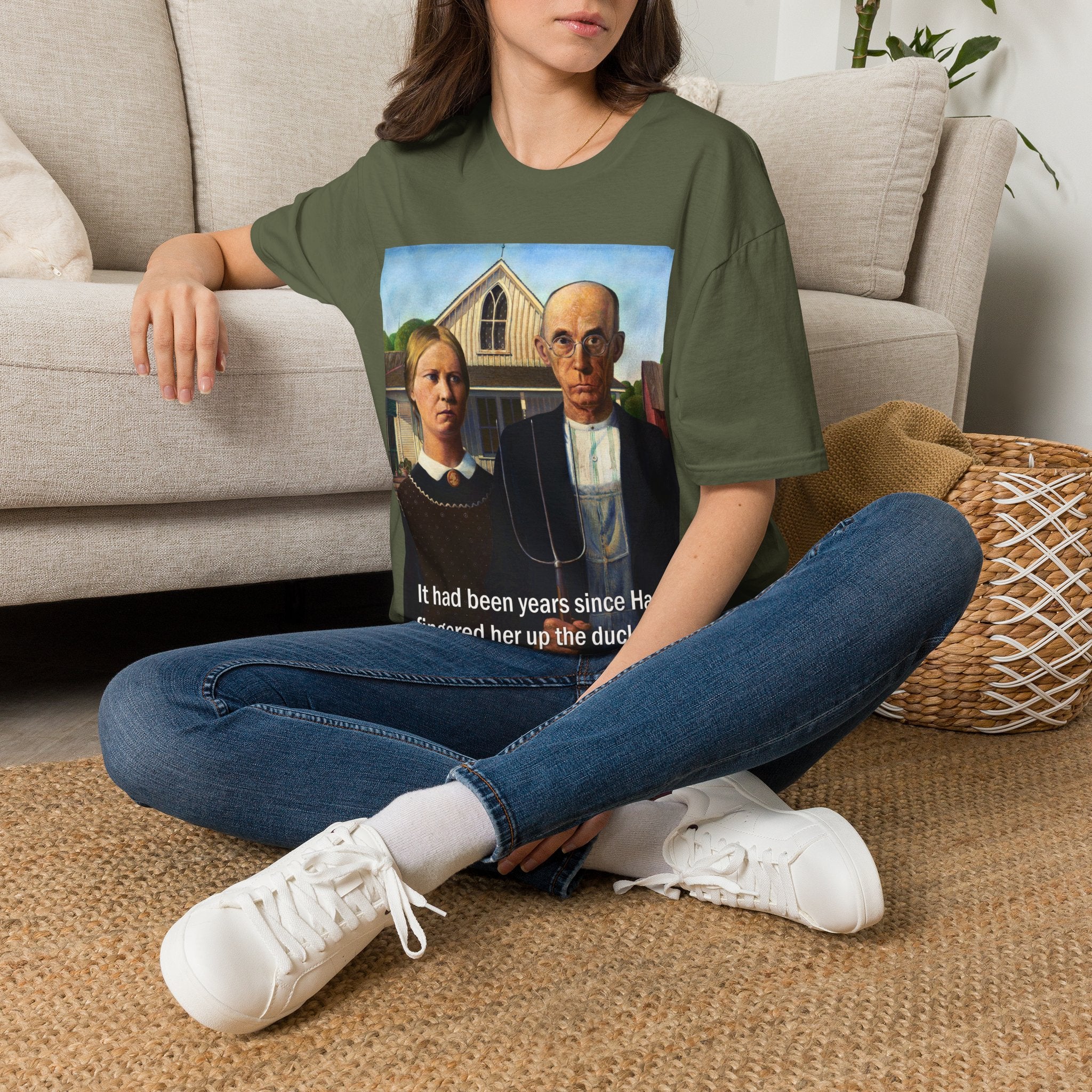 It had been years... American Gothic T-Shirt | Parody art print, farmhouse scene