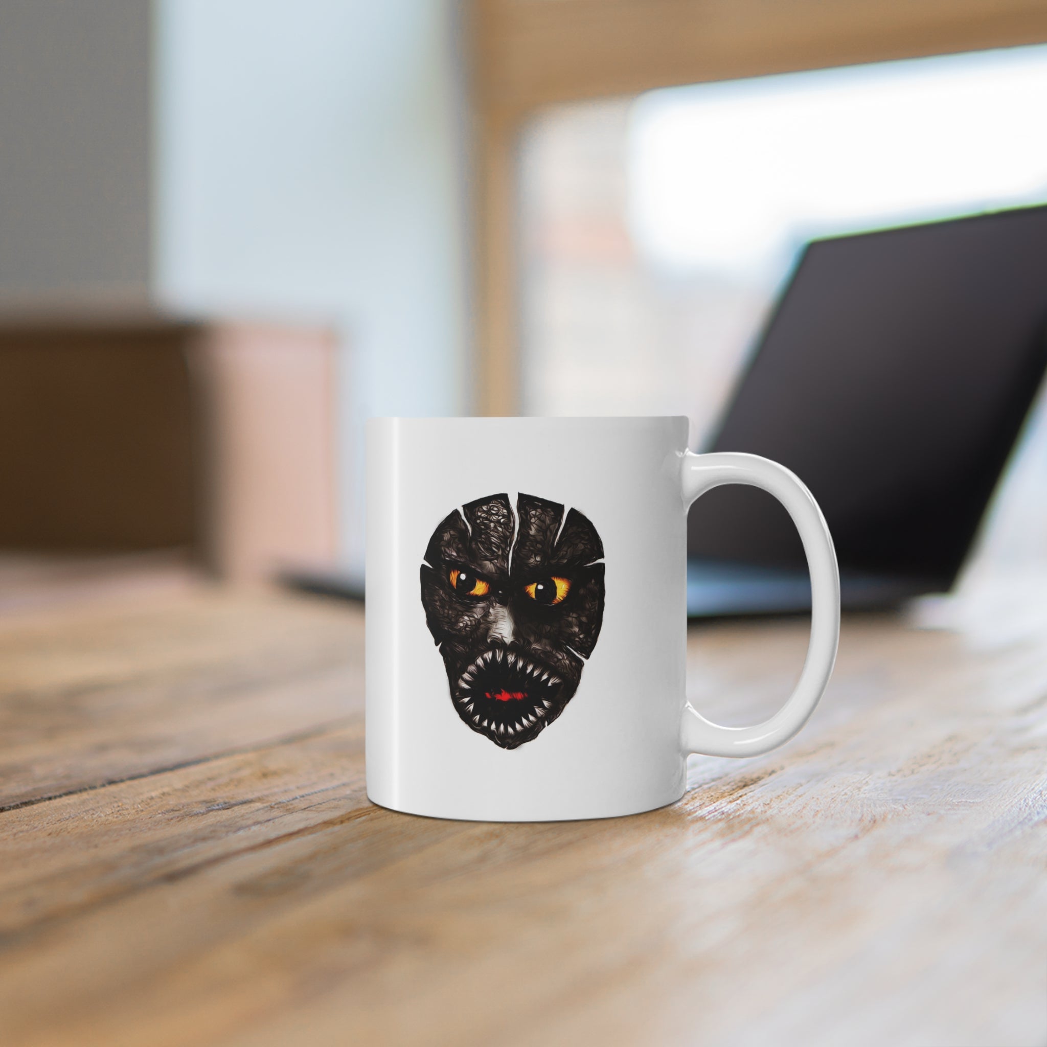 Cracked Horror Mask Ceramic Mug — Creepy Face Coffee Cup, Halloween Gift (11oz)