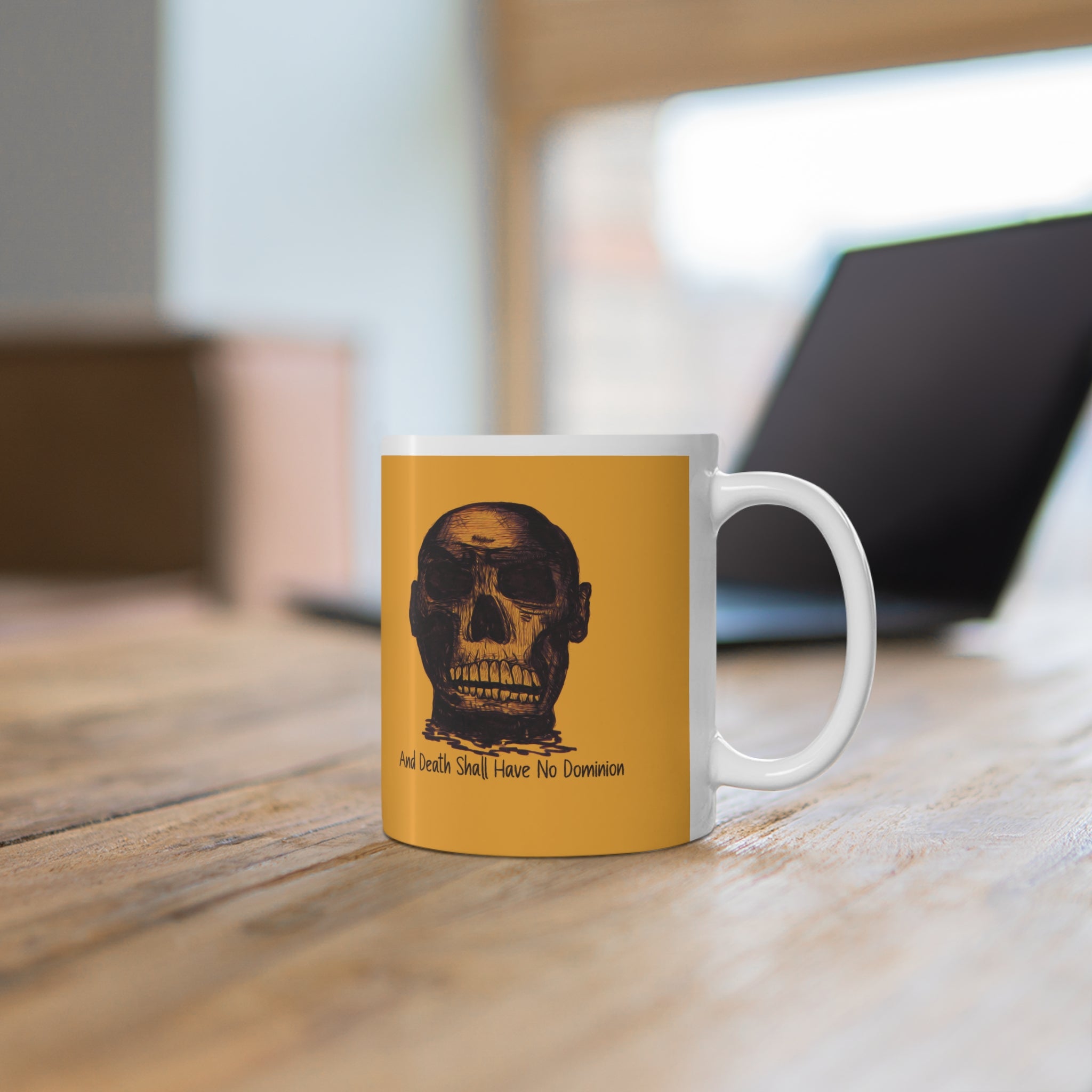 Skull Design by PhatBob. And Death Shall Have No Dominion Ceramic Mug — Vintage Skull Portrait on Mustard Background