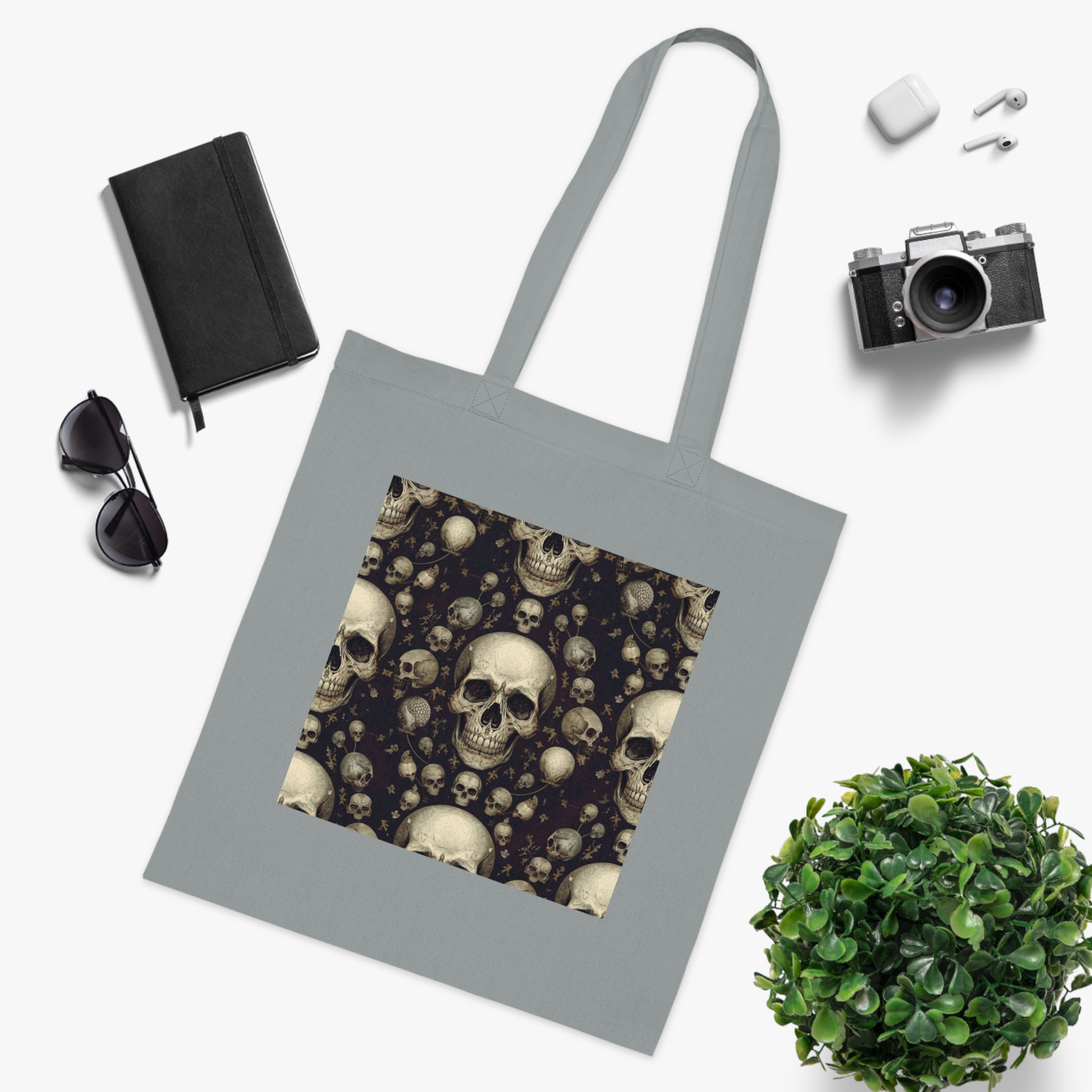 Skull Pattern Cotton Tote — Gothic Skull Print Reusable Shopper Bag