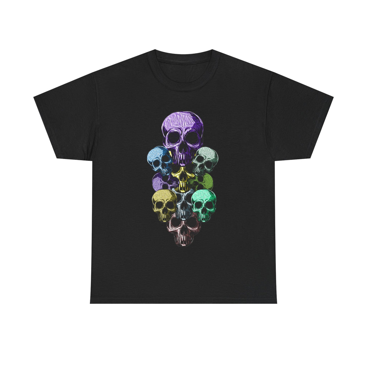 Rainbow Skull Stack T-Shirt | Multicolour Skull Art, Gothic Tee