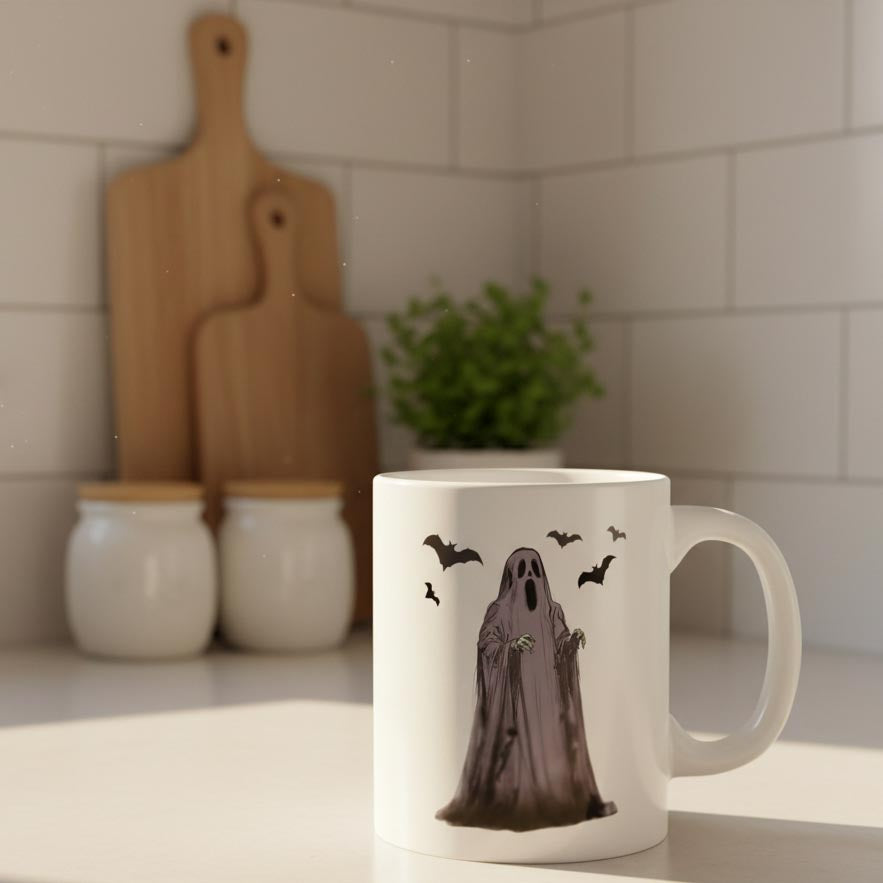 Ghostly Halloween Mug - 11oz White Coffee Cup with 'Happy Halloween' and Flying Bats