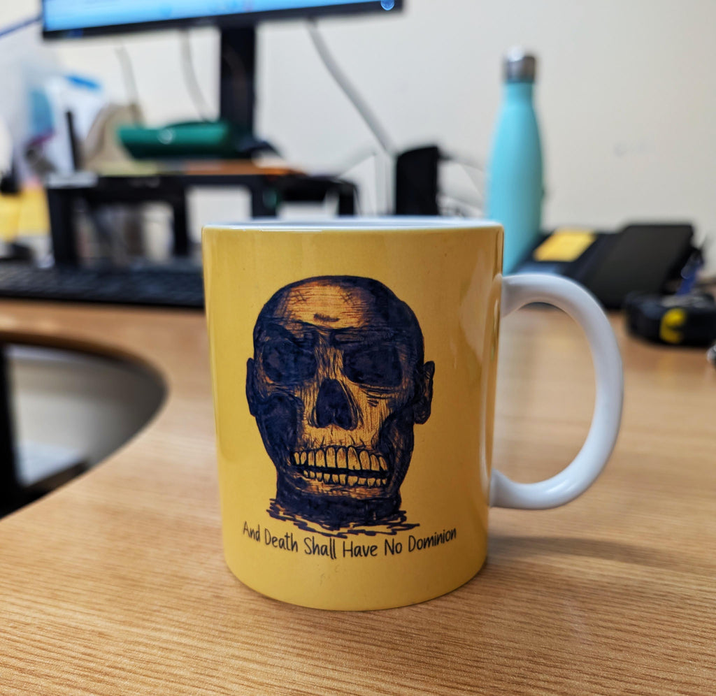 Skull Design by PhatBob. And Death Shall Have No Dominion Ceramic Mug — Vintage Skull Portrait on Mustard Background
