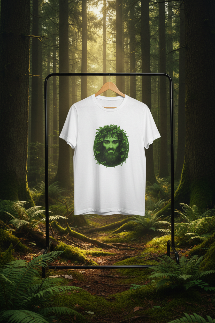 Green Man nature spirit graphic t-shirt in dark forest with moss and dappled light